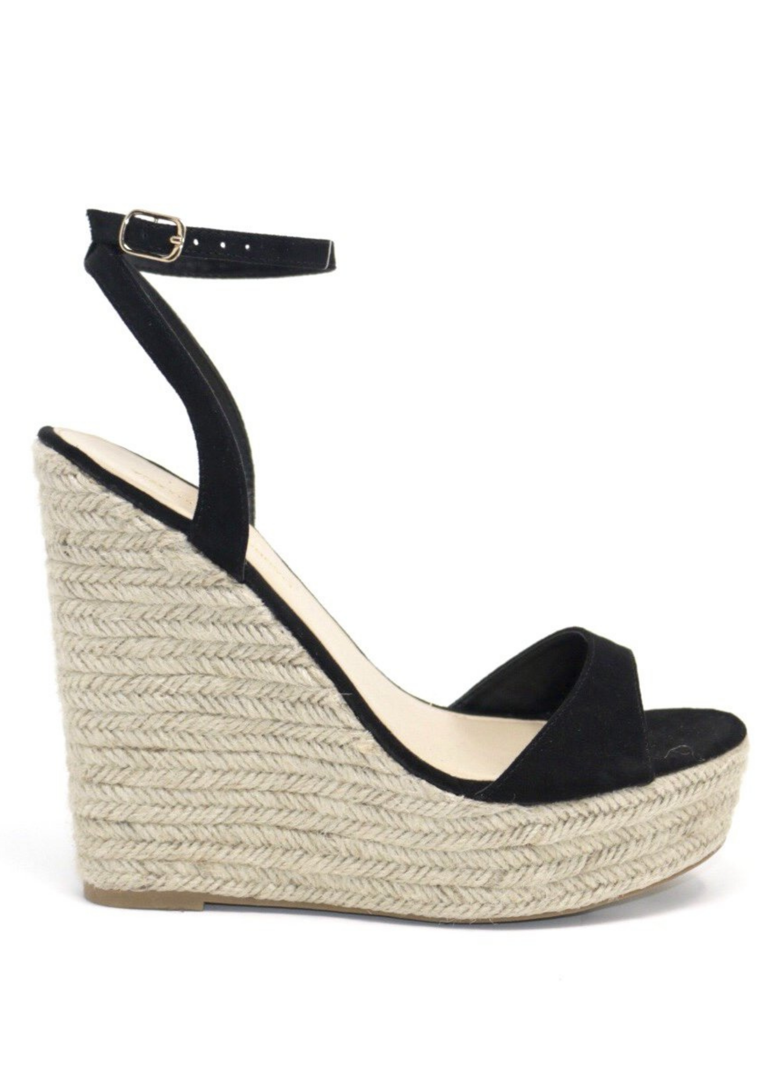 Alyssa B Espadrille Wedge in Black. Black suede ALYSSA wedge with espadrille wedge that crisscross strap that crosses in the back as the buckle buckles in the side that is silver. Thick to thin back to thick strap in the front.