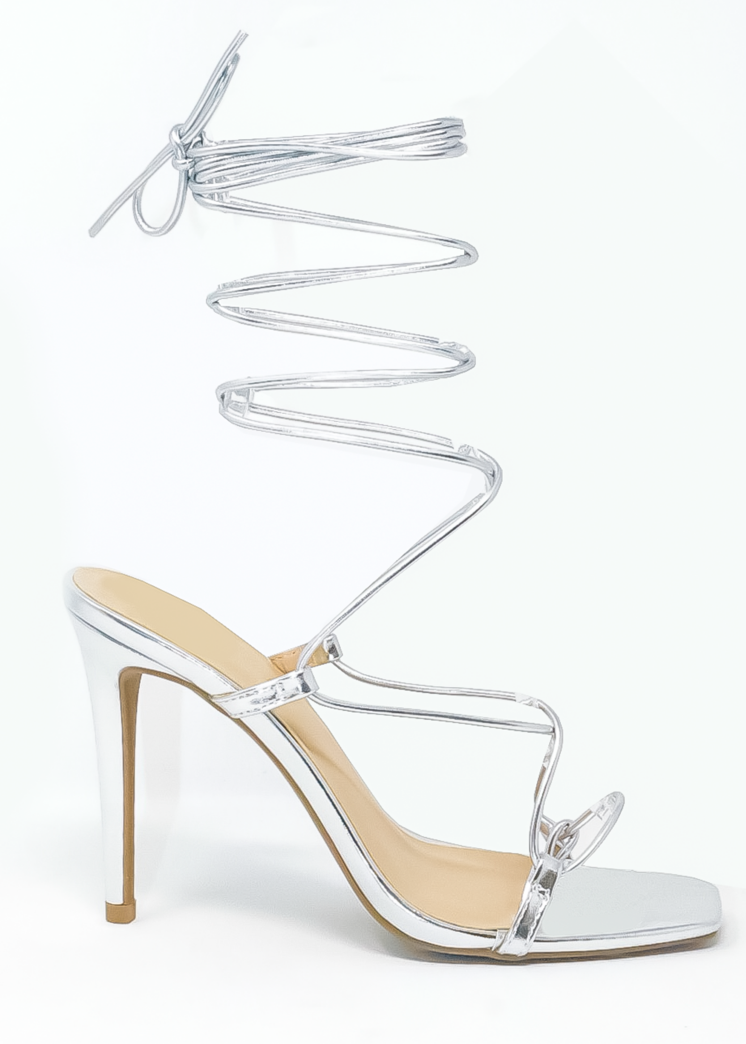 Women's Ana silver lace tie up heel sandals for night out.