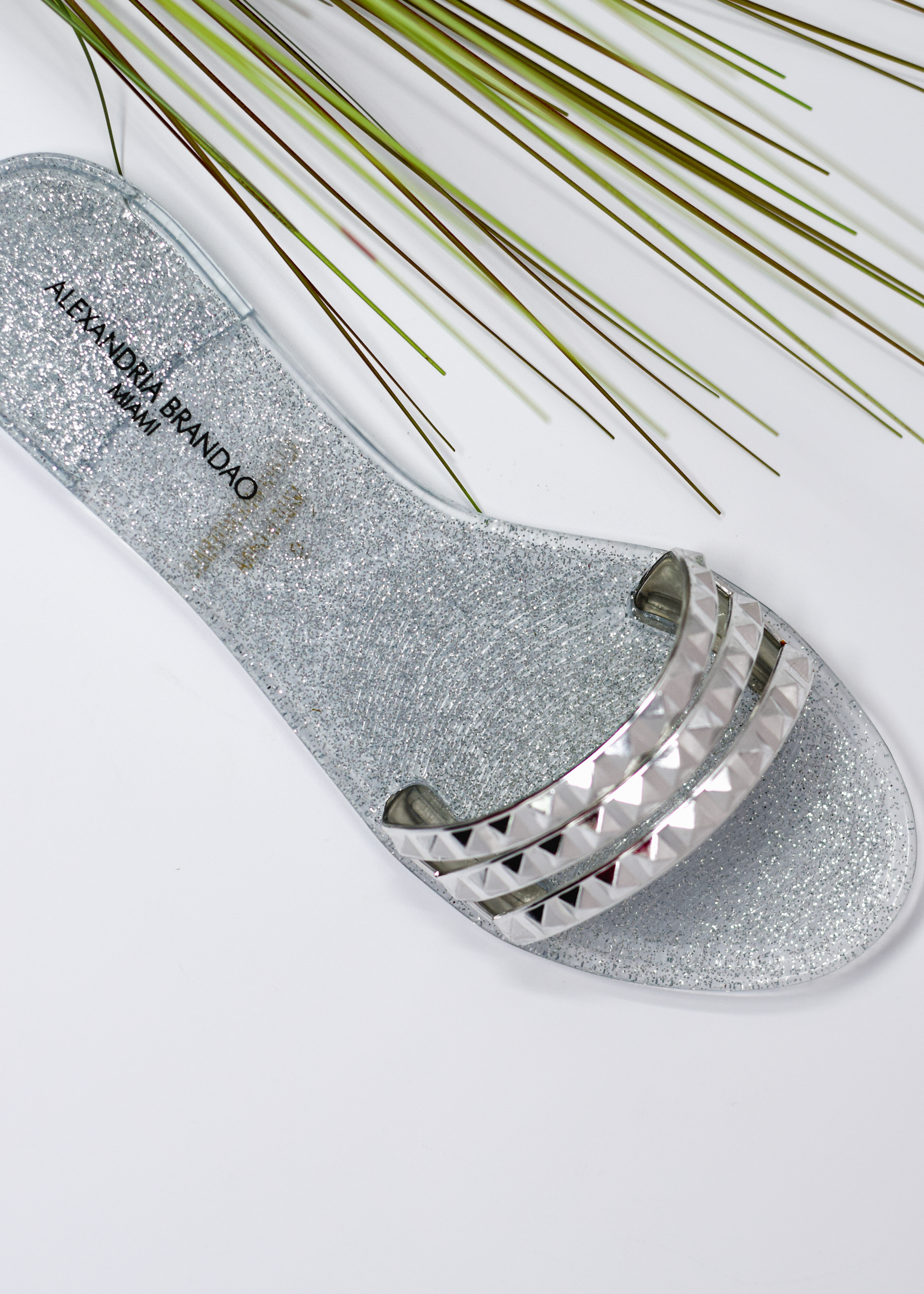 SHOES BY ALEXANDRIA BRANDAO ARIA B SILVER GLITTER STUDDED STRAP SANDALS AND FASHION SLIDES