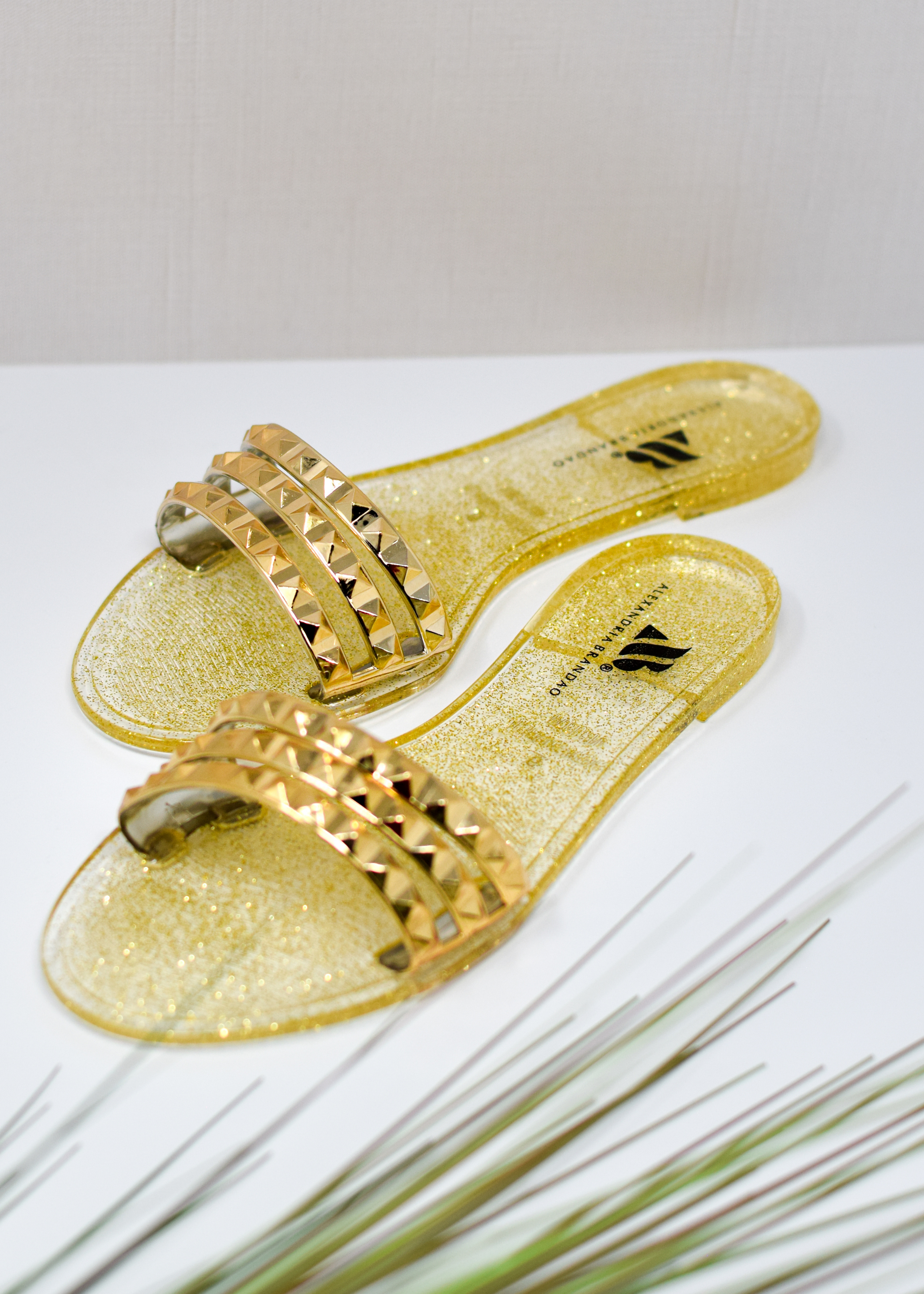 Light Gold THREE STRAP JELLY STUDDED STRAPS IN THE FRONT SLIP ON SANDALS