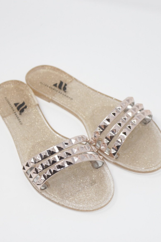 WOMENS FASHION SUMMER ROSE GOLD SLIDE SANDAL WITH STUDS. SHOES BY Alexandria Brandao EVERYDAY FASHION AND TRAVEL SANDAL