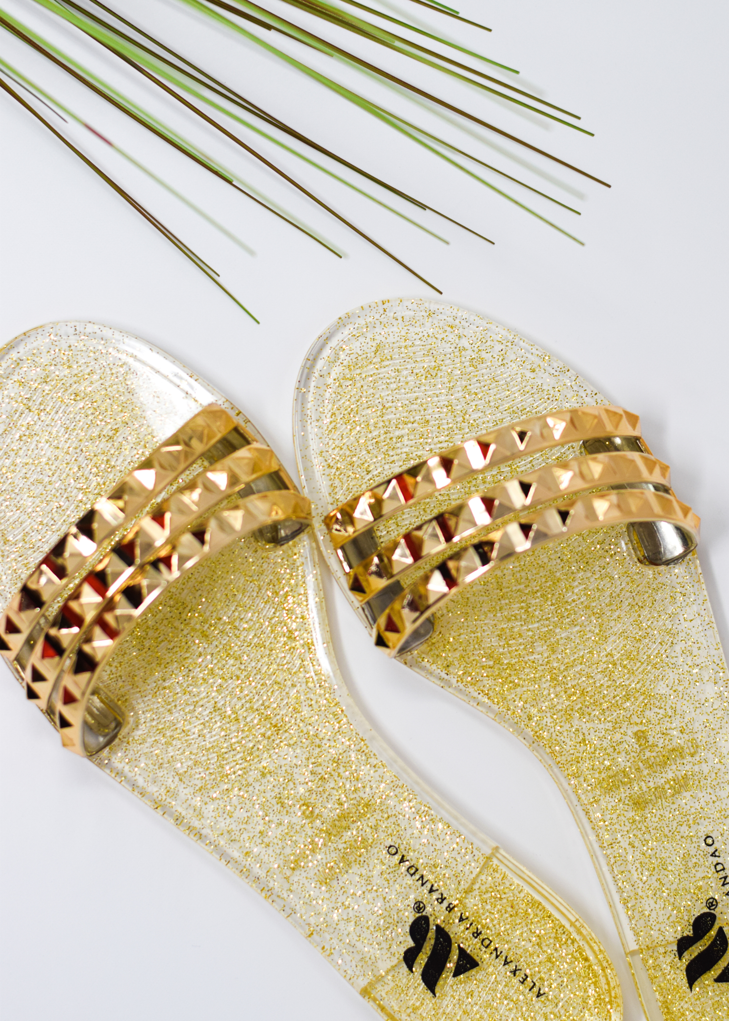 SHOES BY ALEXANDRIA BRANDAO light gold three strap stud waterproof sandal