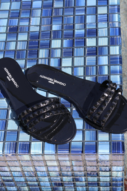 BLACK THREE STRAP JELLY STUDDED STRAPS IN THE FRONT SLIP ON SANDALS