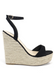 Alyssa B Espadrille Wedge in Black. Black suede ALYSSA wedge with espadrille wedge that crisscross strap that crosses in the back as the buckle buckles in the side that is silver. Thick to thin back to thick strap in the front.