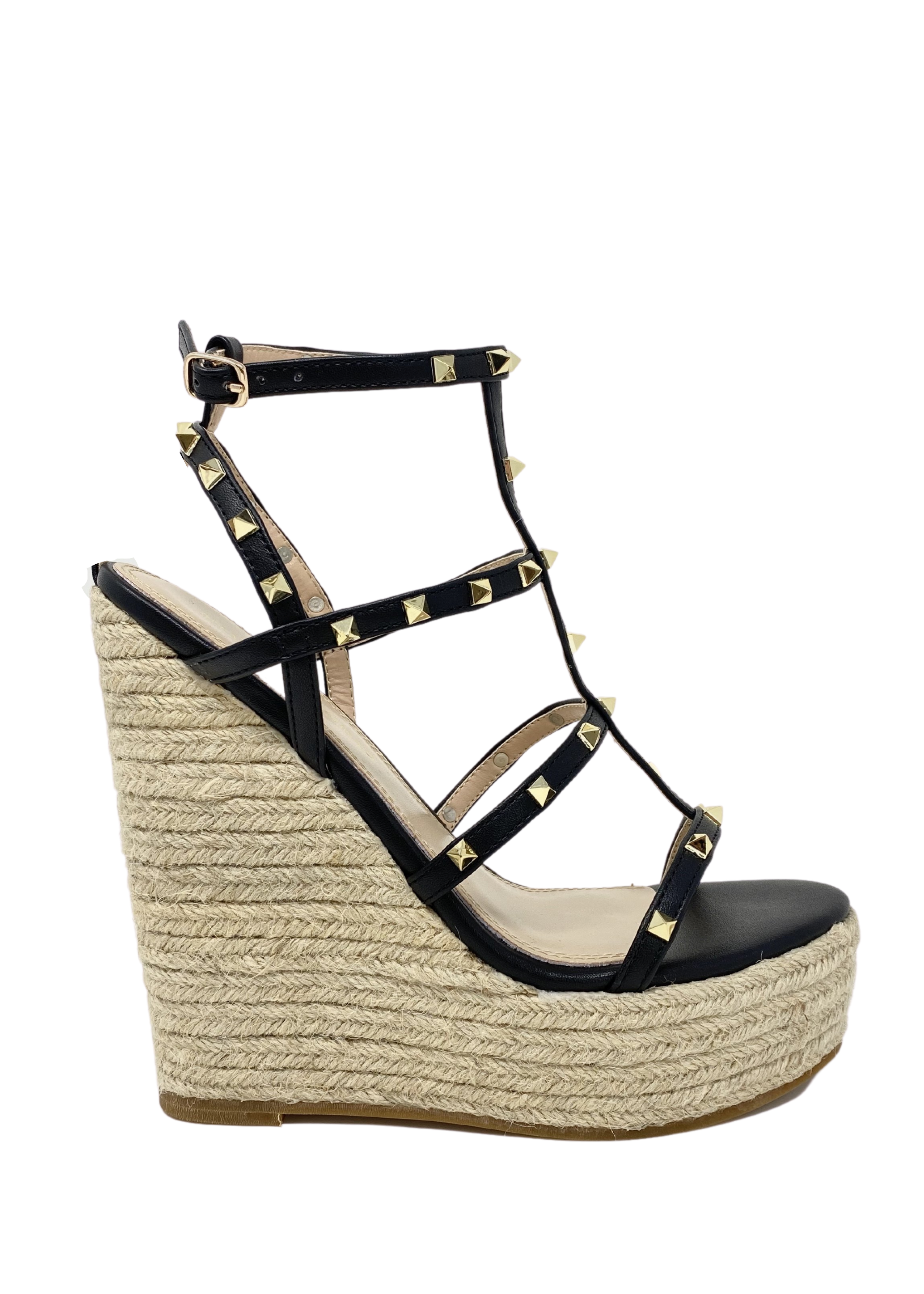 Astrid Wedges in Black that has a espadrille wedge and multi strap gold studded wedge. 