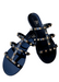 Aurora Black Jelly sandal that has  Gold Studs on all straps and is a slip on sandal.  Sandal has three equally separated horizontal straps that goes all the way to top of the bridge of the foot and one strap in the middle connecting all straps