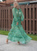@carlanunez_ styled in a flowy green long dress with Alyssa B nude platform espadrille wedges.