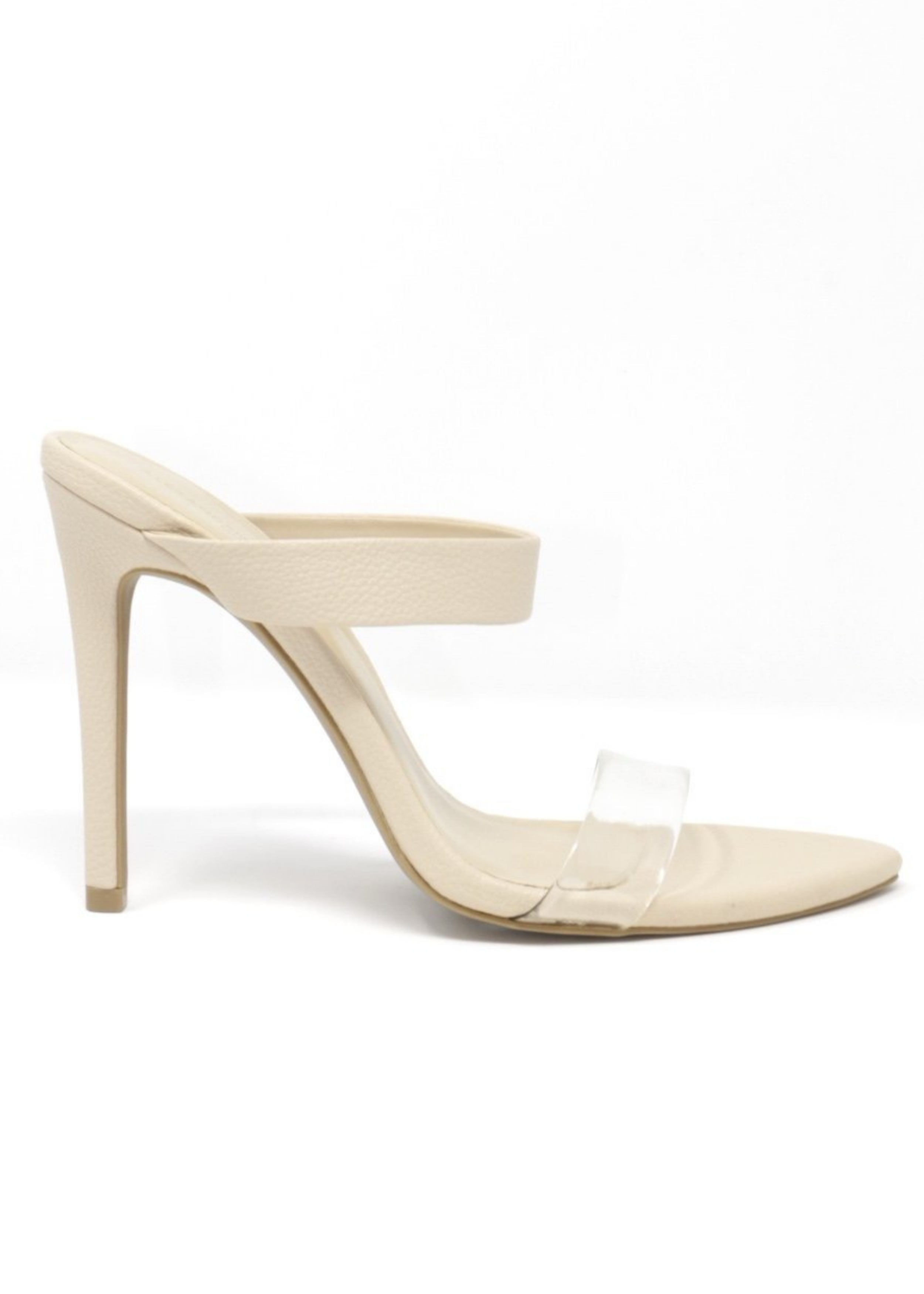  Audrey Heels with Clear Strap in front where the feet are and nude strap  on the bridge of foot. Has a point sole and you slip it on and off.  The back is always showing and free.