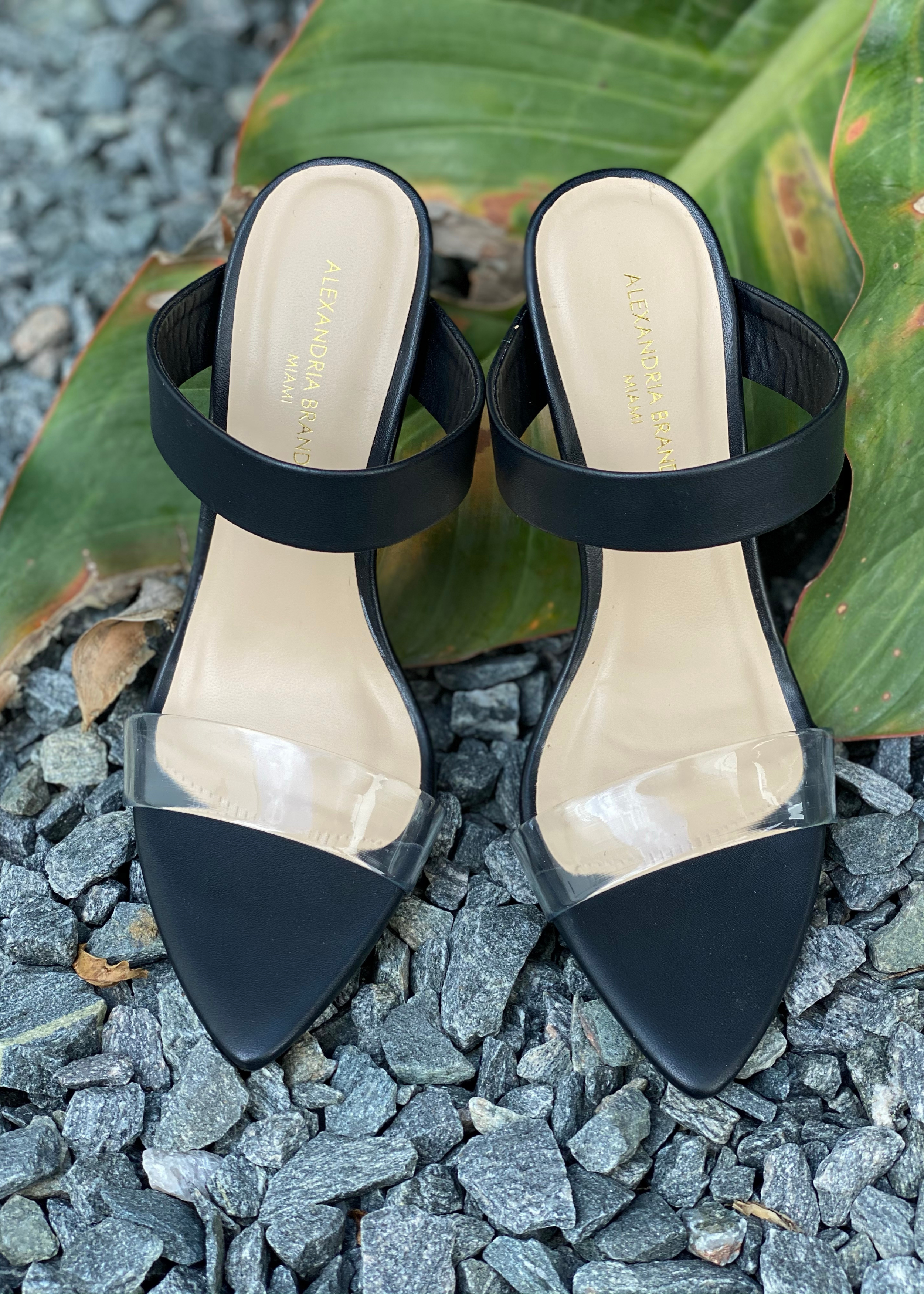 Audrey in Black slip on work heels with clear front strap.