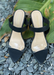 Audrey in Black slip on work heels with clear front strap.